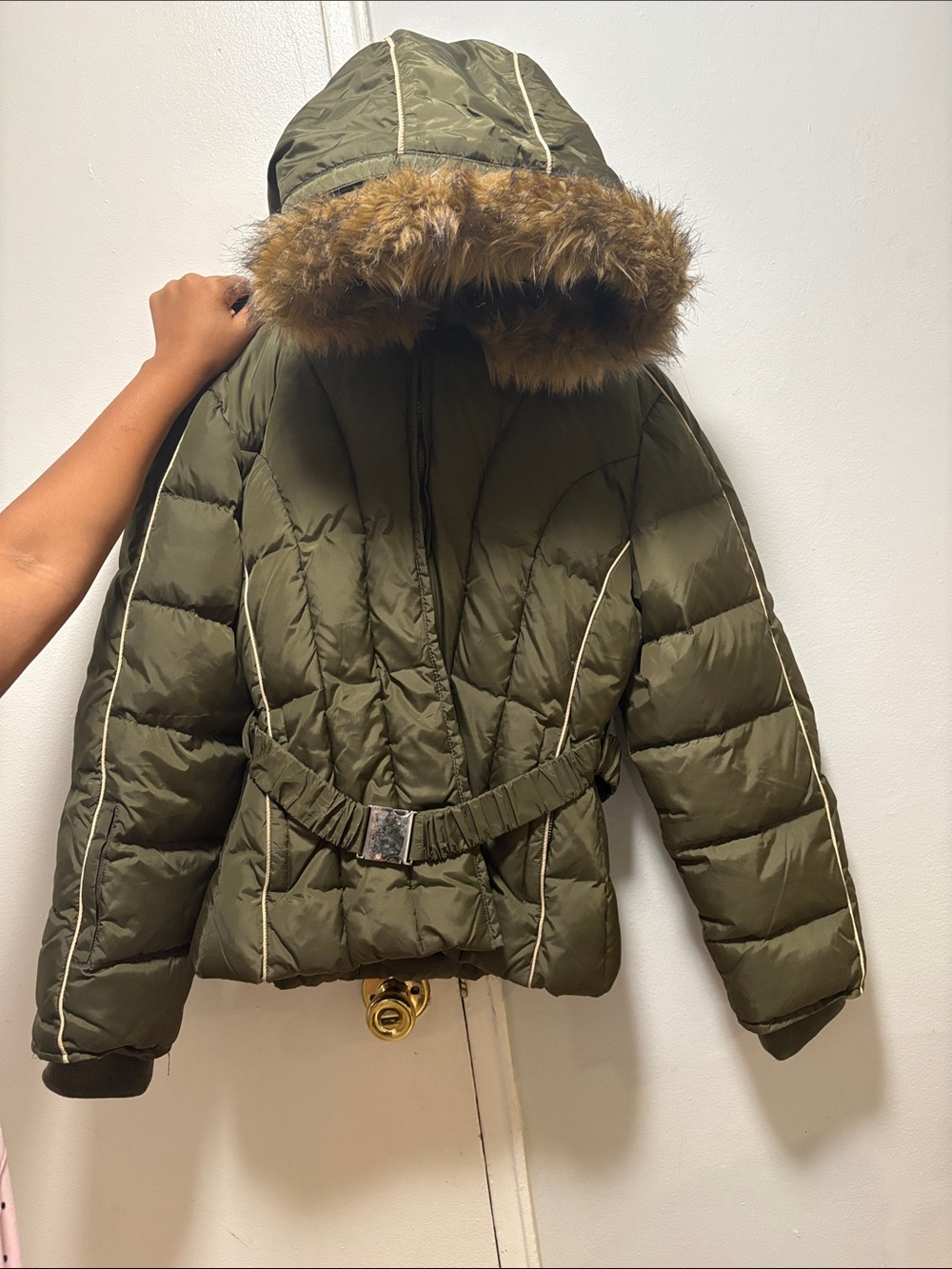 Jennifer Lopez Olive Green Quilted Hooded Puffer with Faux Fur Trim